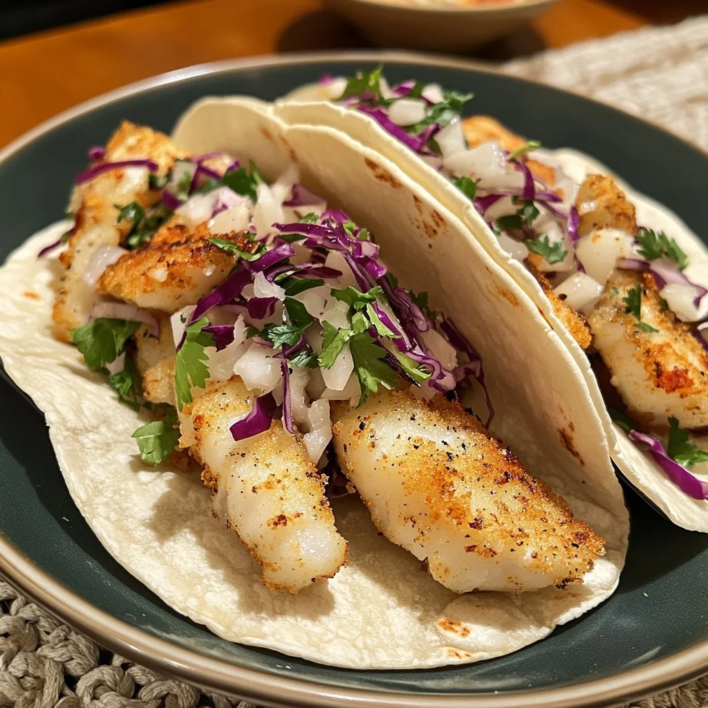 Crispy cod fish tacos with fresh toppings and lime on a plate