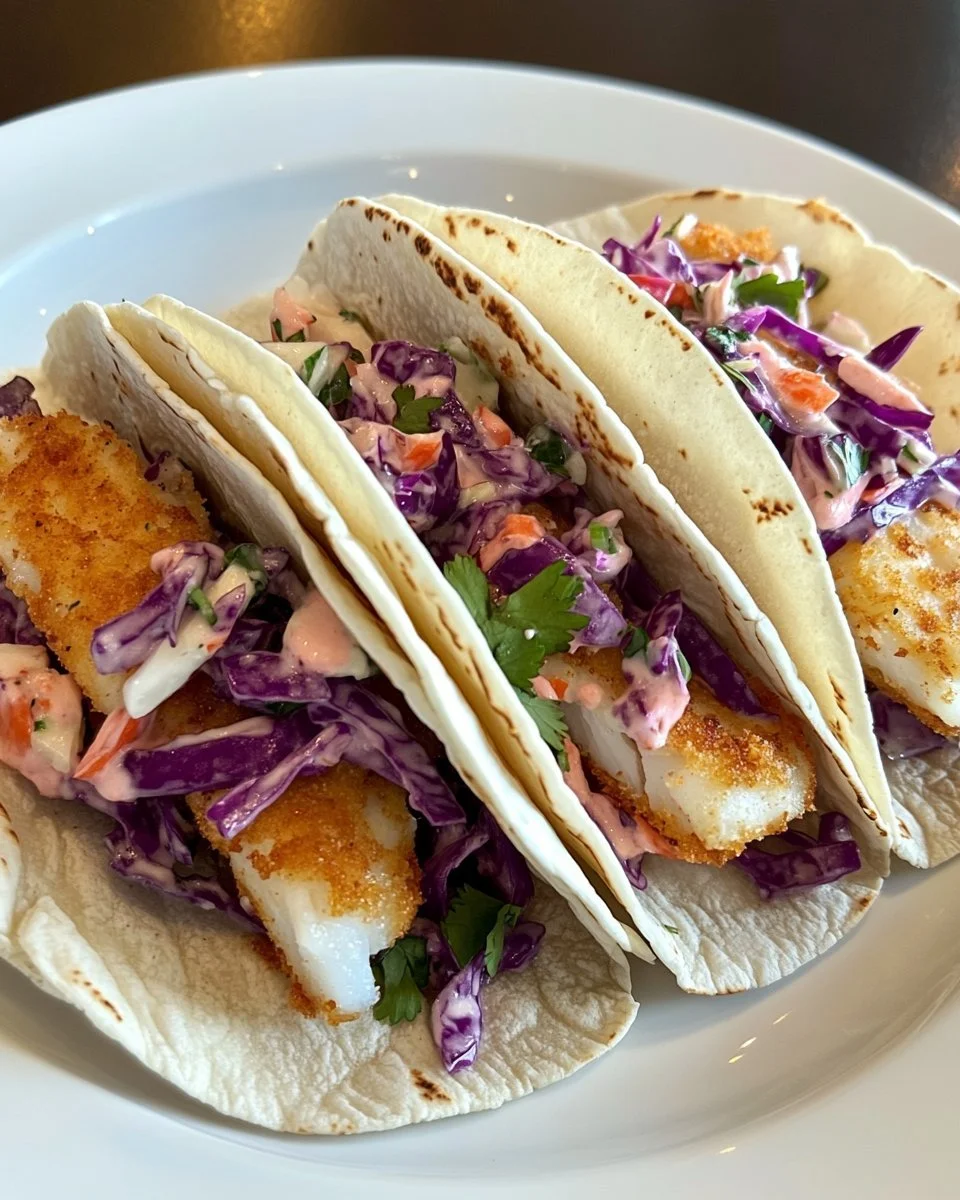 Crispy fish tacos with cilantro lime slaw on a white plate