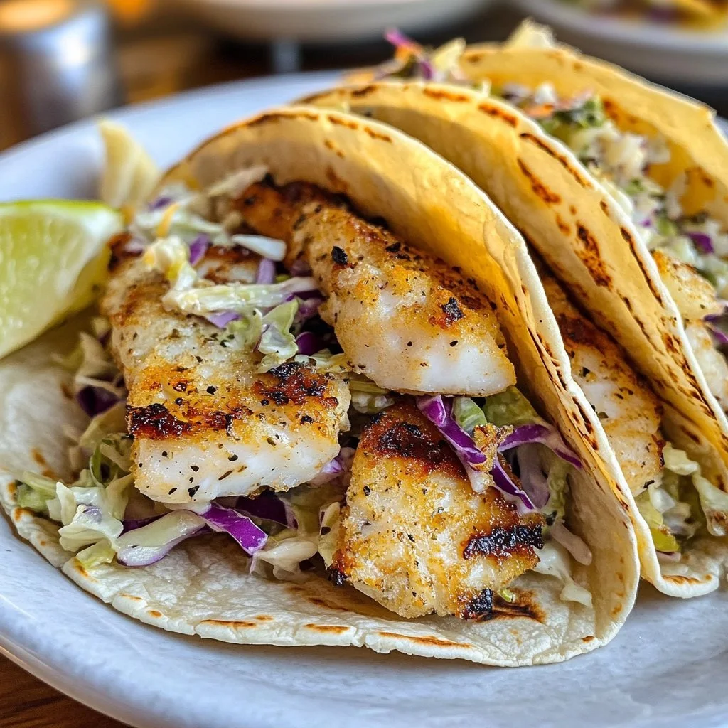 Crispy grilled fish tacos topped with cabbage slaw on a wooden table.