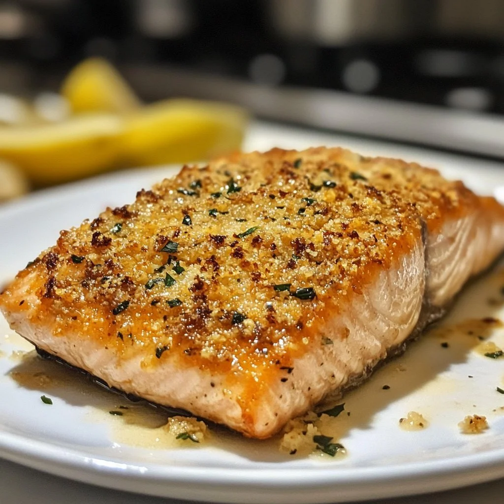 Crispy Parmesan Crusted Baked Salmon on a plate, garnished with herbs