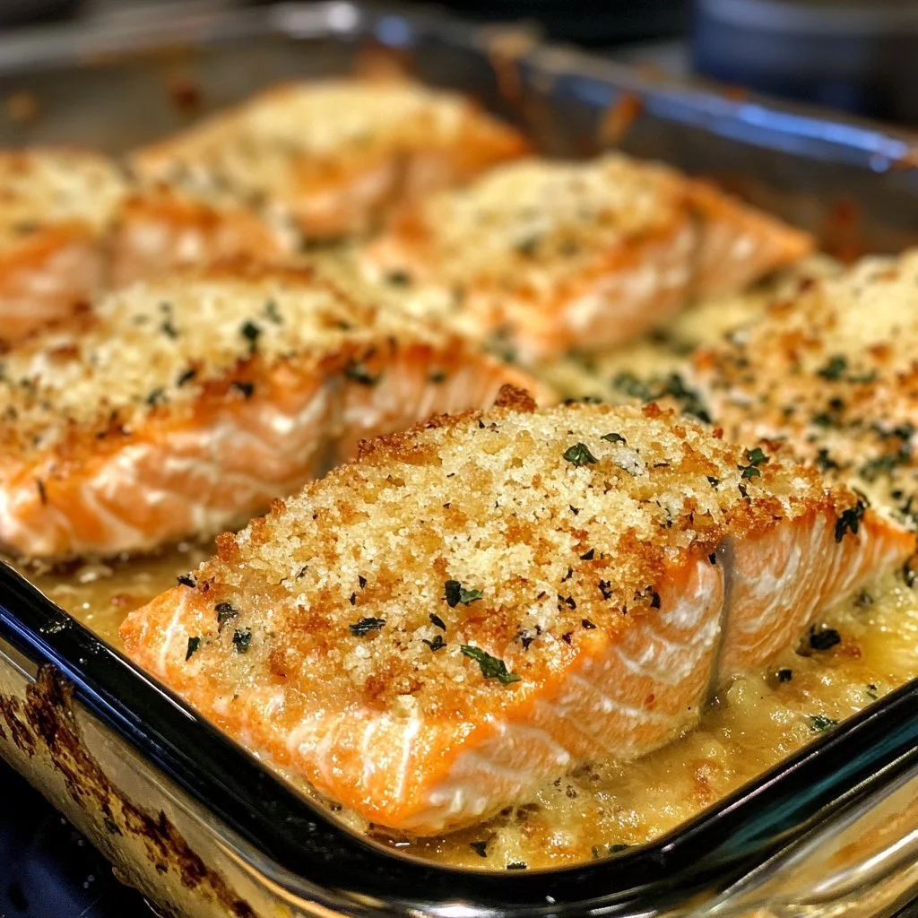 Crispy Parmesan Salmon Bake served on a plate with herbs and lemon.
