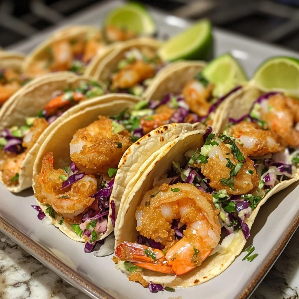 Crispy shrimp tacos with avocado lime slaw served on a plate