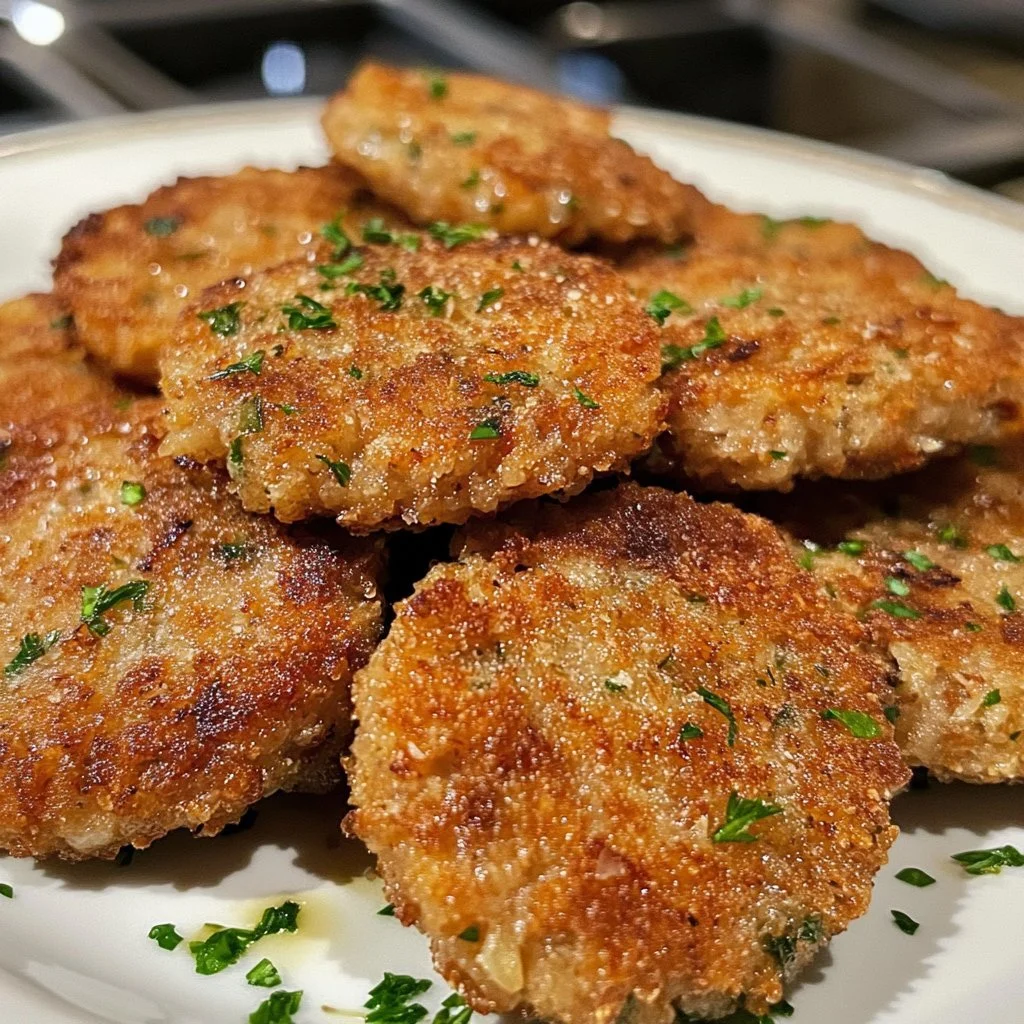 Crispy tuna patties on a plate with fresh herbs and lemon