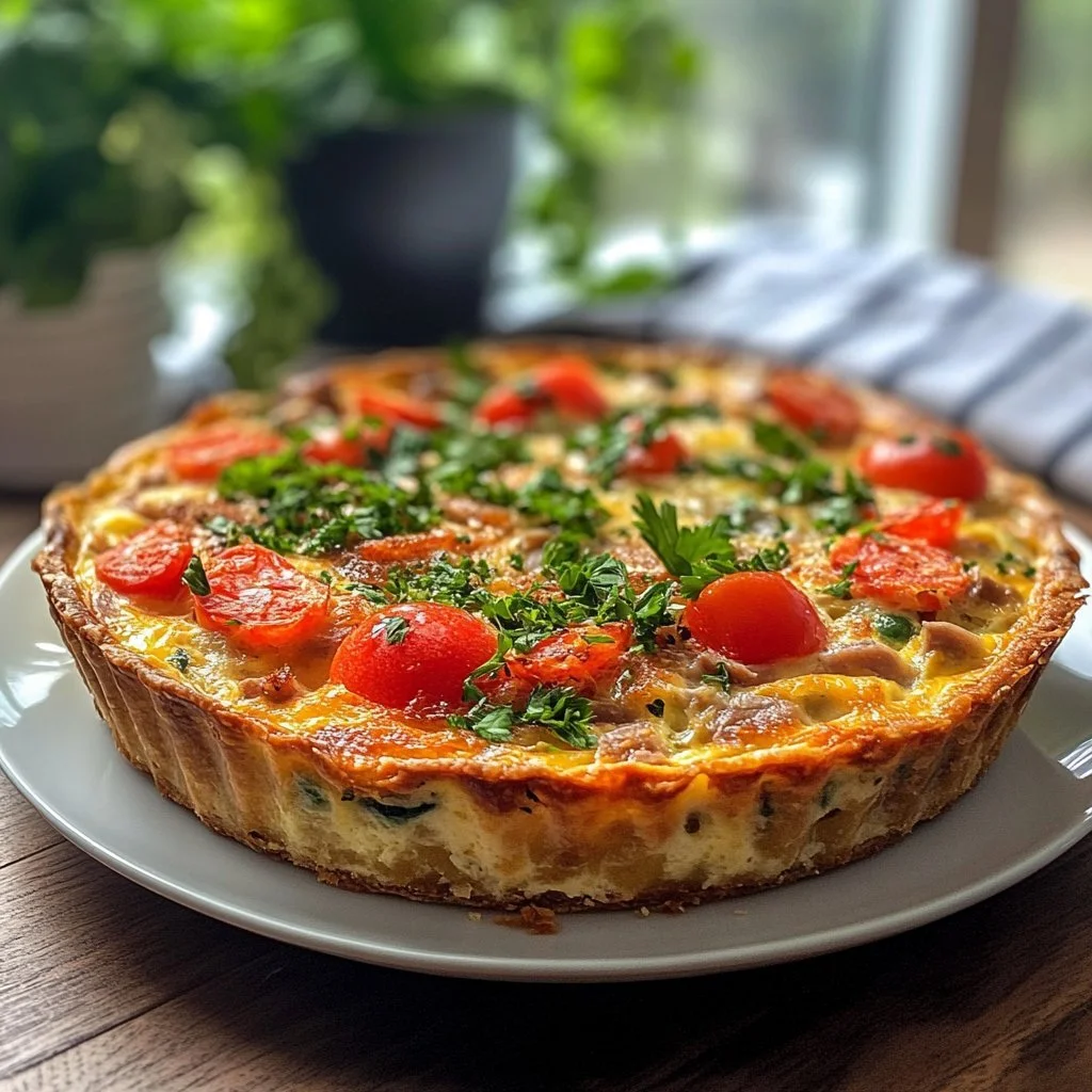 Delicious crustless tuna quiche served in a pie dish