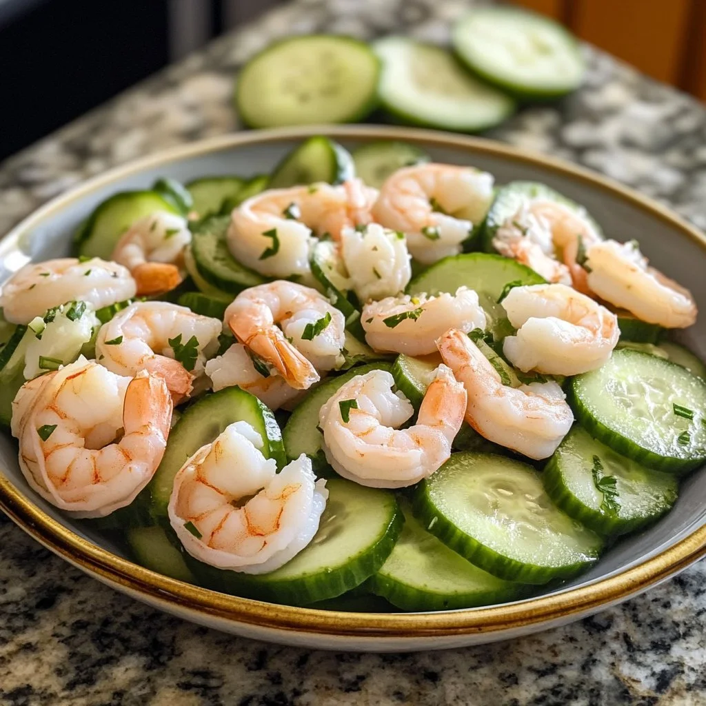 Cucumber Shrimp Salad with fresh vegetables and shrimp served in a bowl