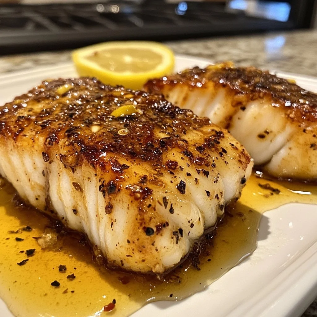 Delicious honey marinated baked cod served on a plate with herbs