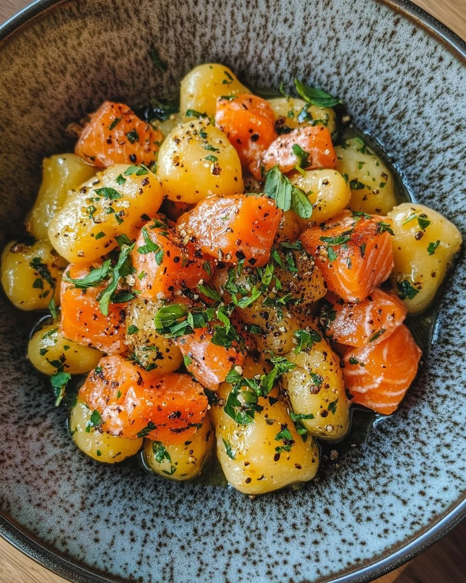 Plate of delicious smoked salmon gnocchi garnished with herbs