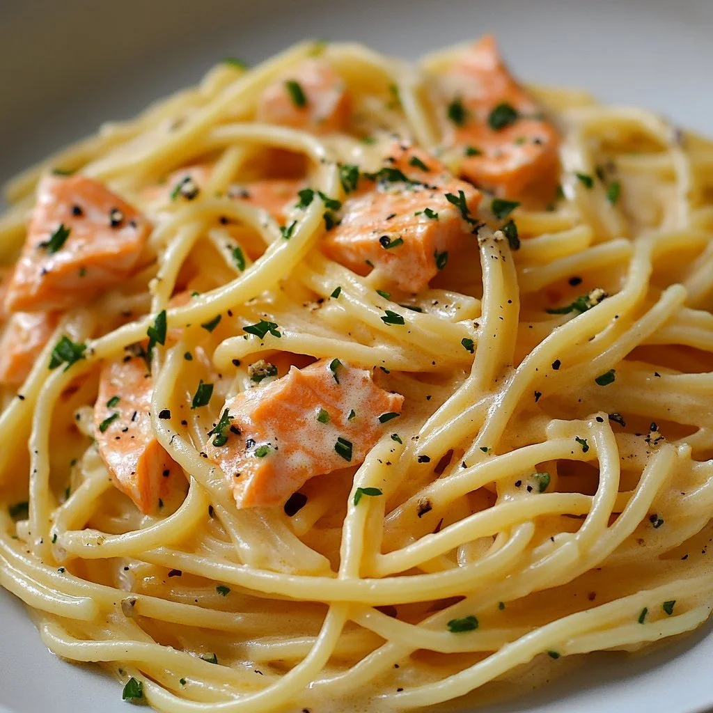 Plate of delightful smoked salmon pasta topped with herbs and cream sauce
