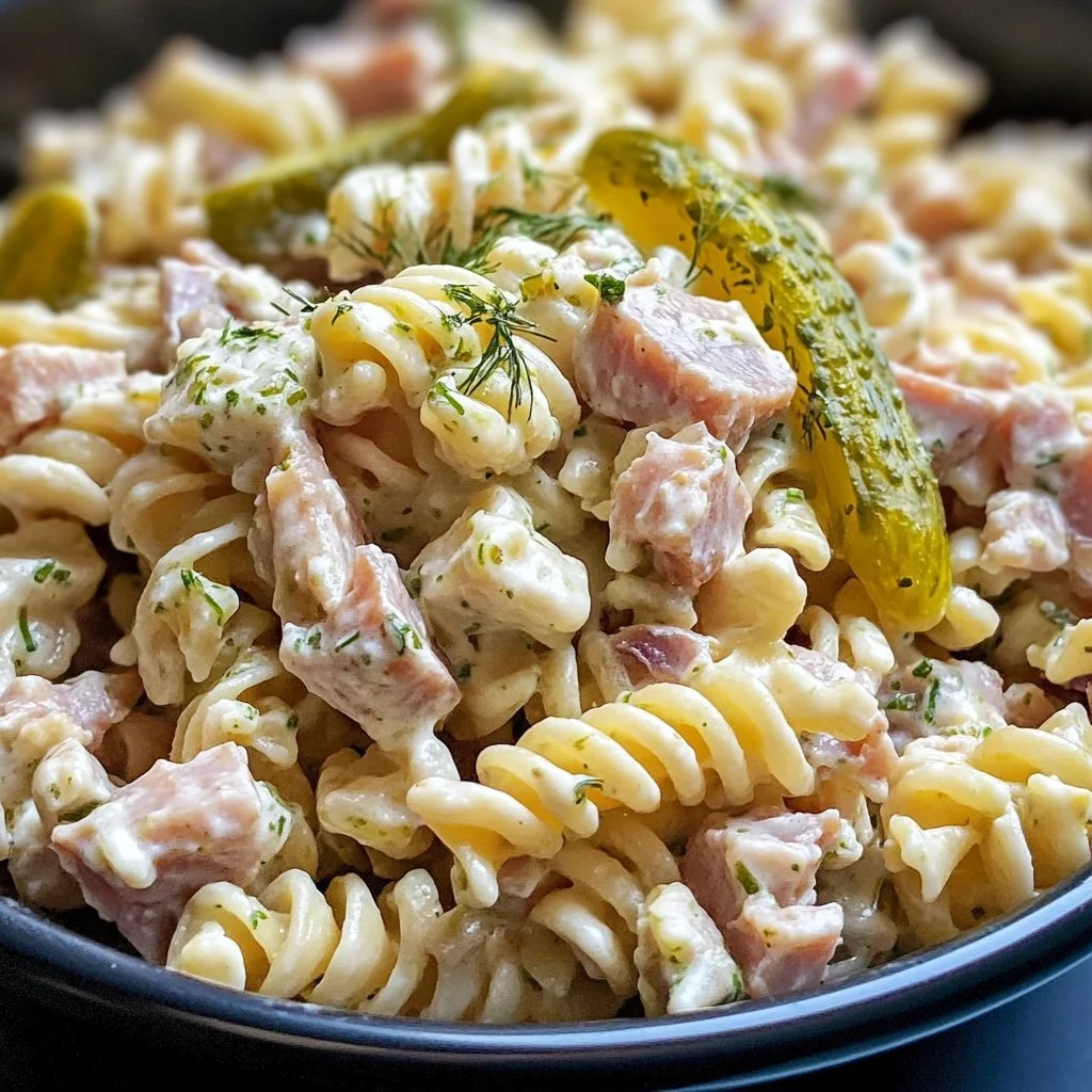 Dill Pickle Tuna Pasta Salad served in a bowl with fresh ingredients