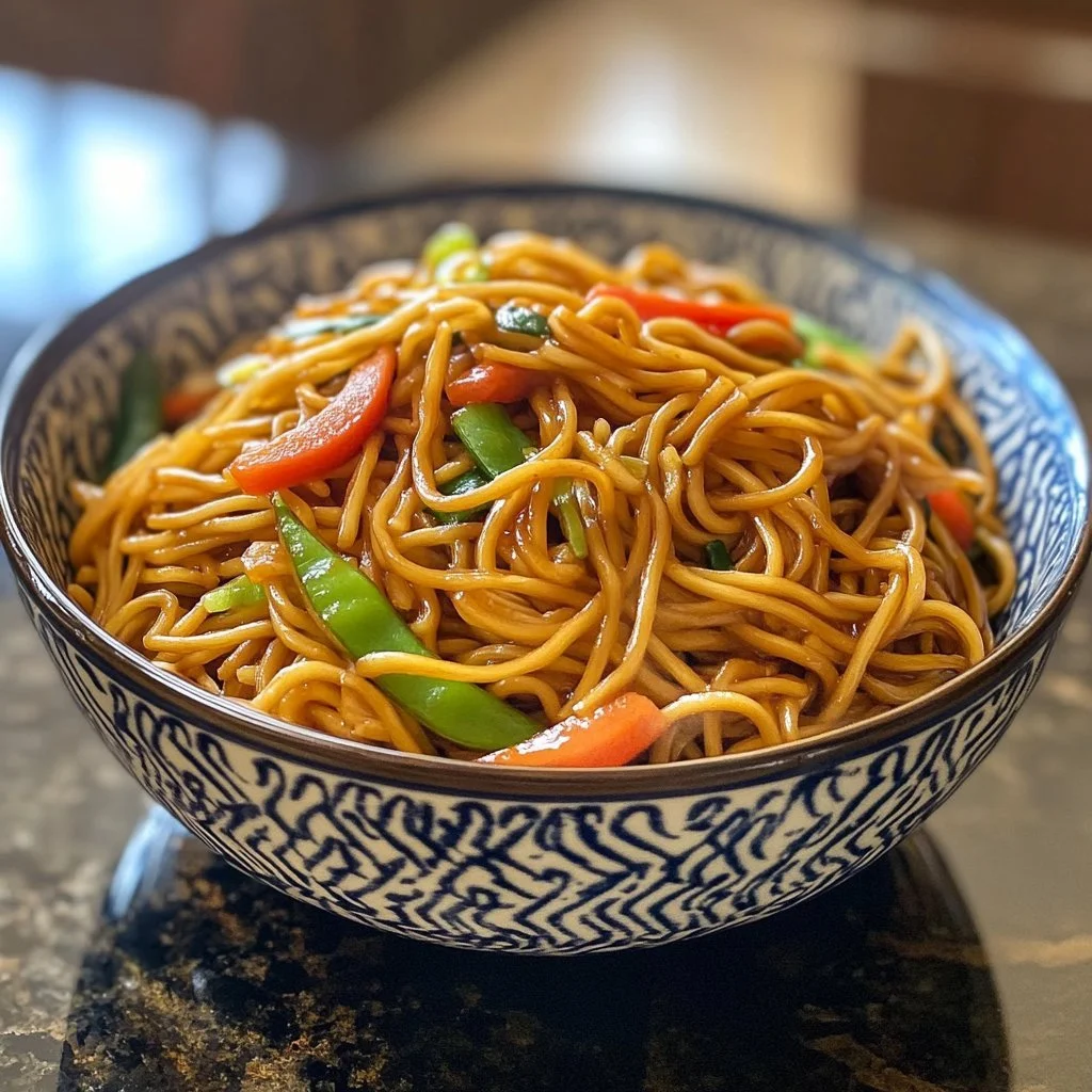 Delicious Easy 15-Minute Lo Mein recipe with colorful vegetables and noodles.