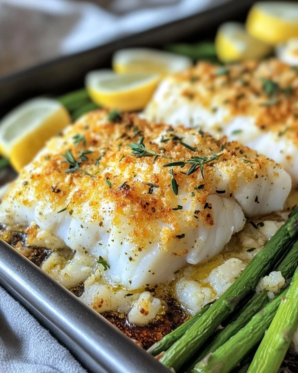 Easy air fryer cod recipe with herby mayo and asparagus on a plate