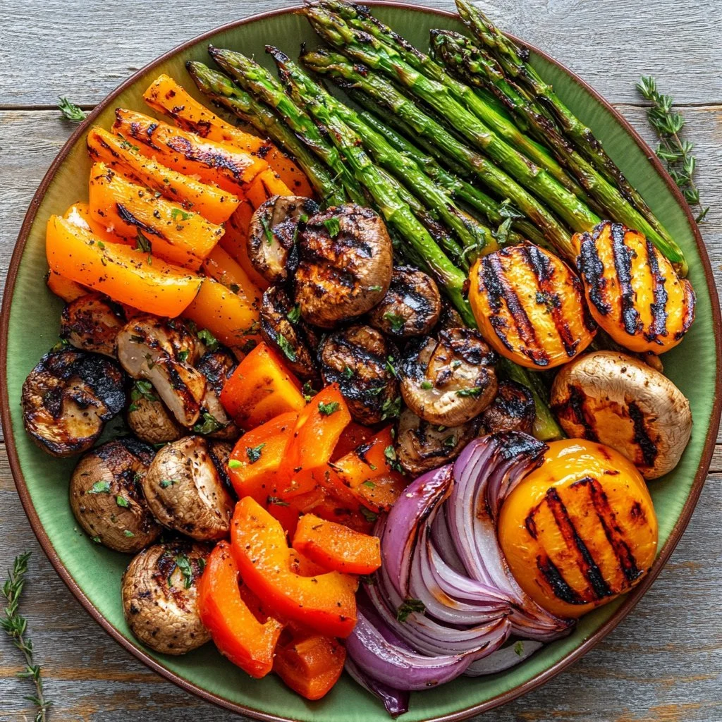 Colorful platter of easy grilled vegetables, showcasing vibrant bell peppers, zucchini, and eggplant.