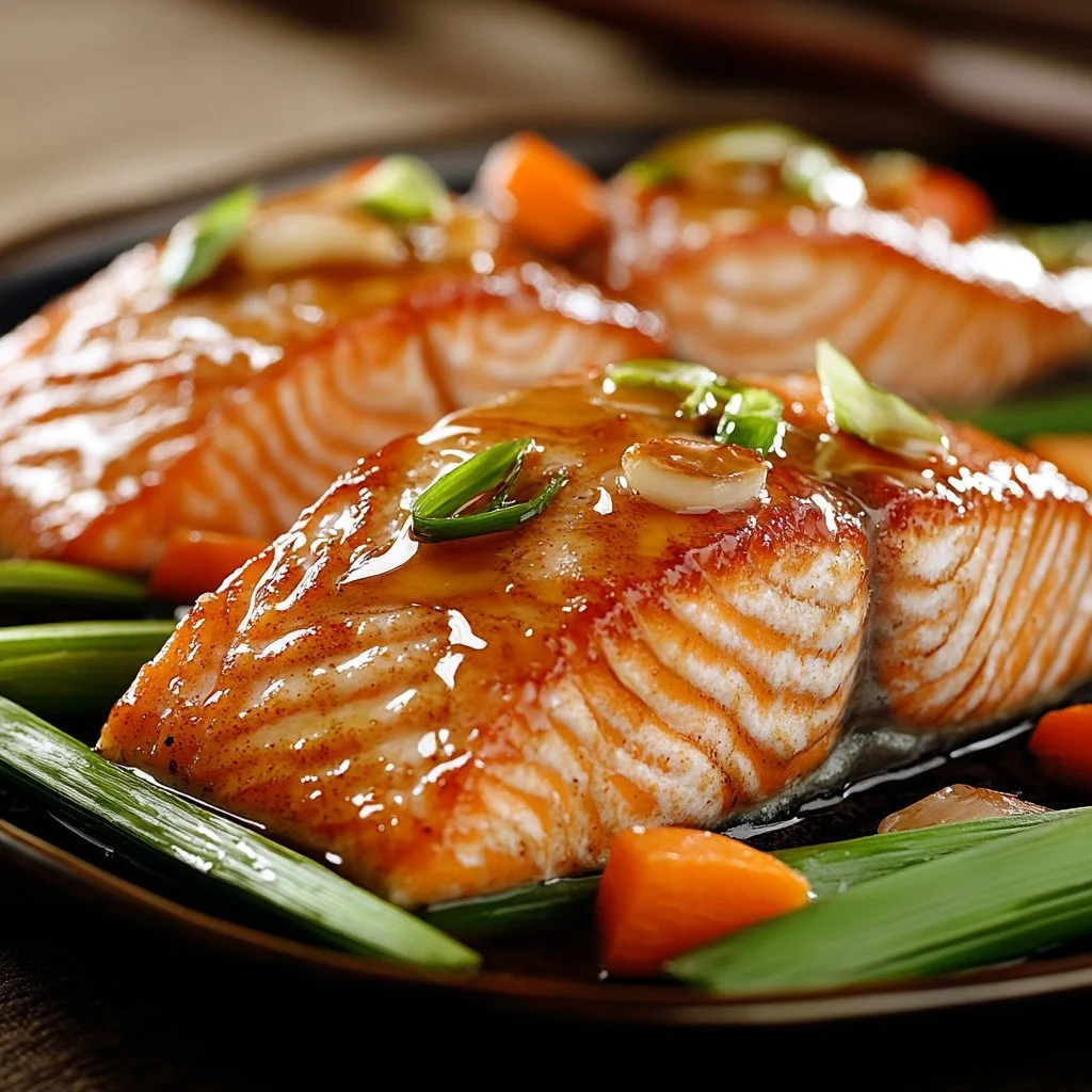 Delicious honey garlic baked salmon served with vegetables on a plate.