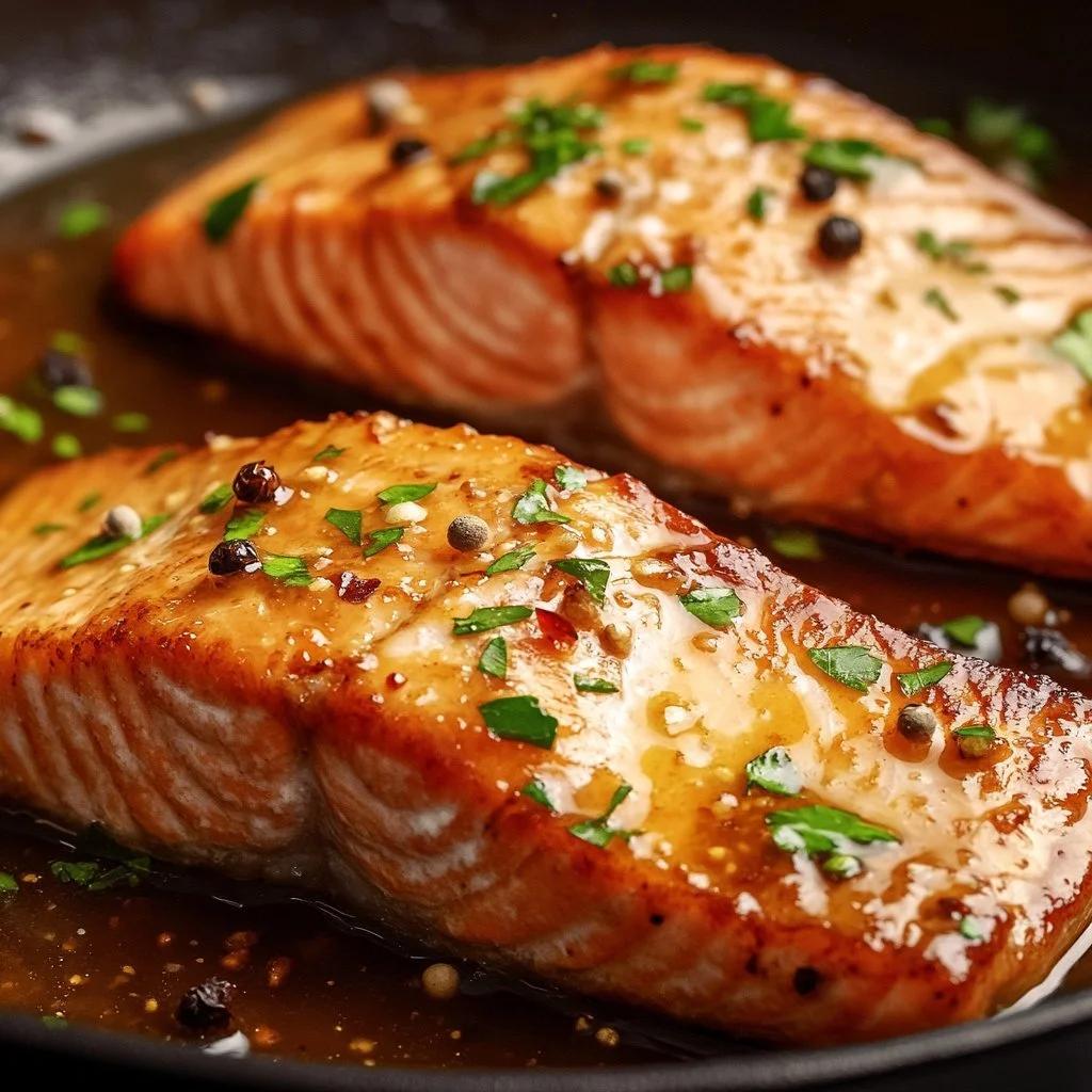 Delicious honey glazed salmon fillet on a plate garnished with herbs.