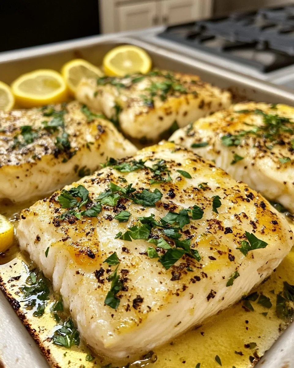 Plated easy lemon butter cod with herbs and lemon slices
