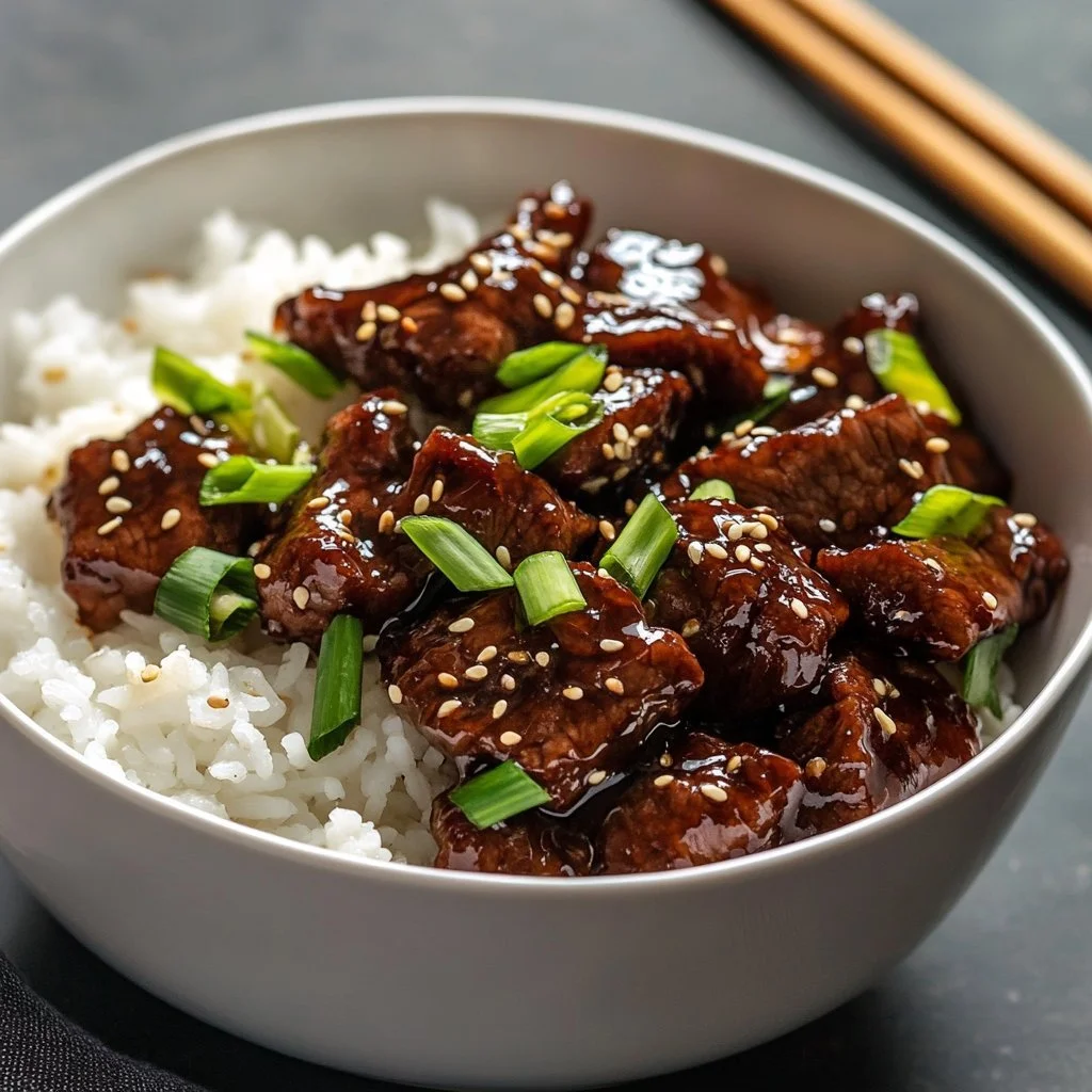 Delicious plate of easy Mongolian beef with vegetables and rice