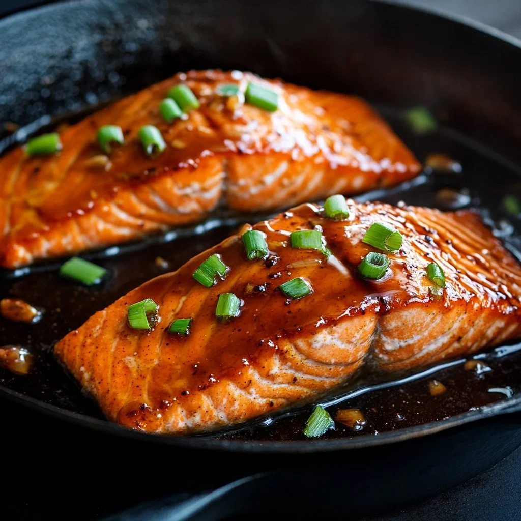 One pan maple glazed salmon cooked with fresh herbs and served with vegetables