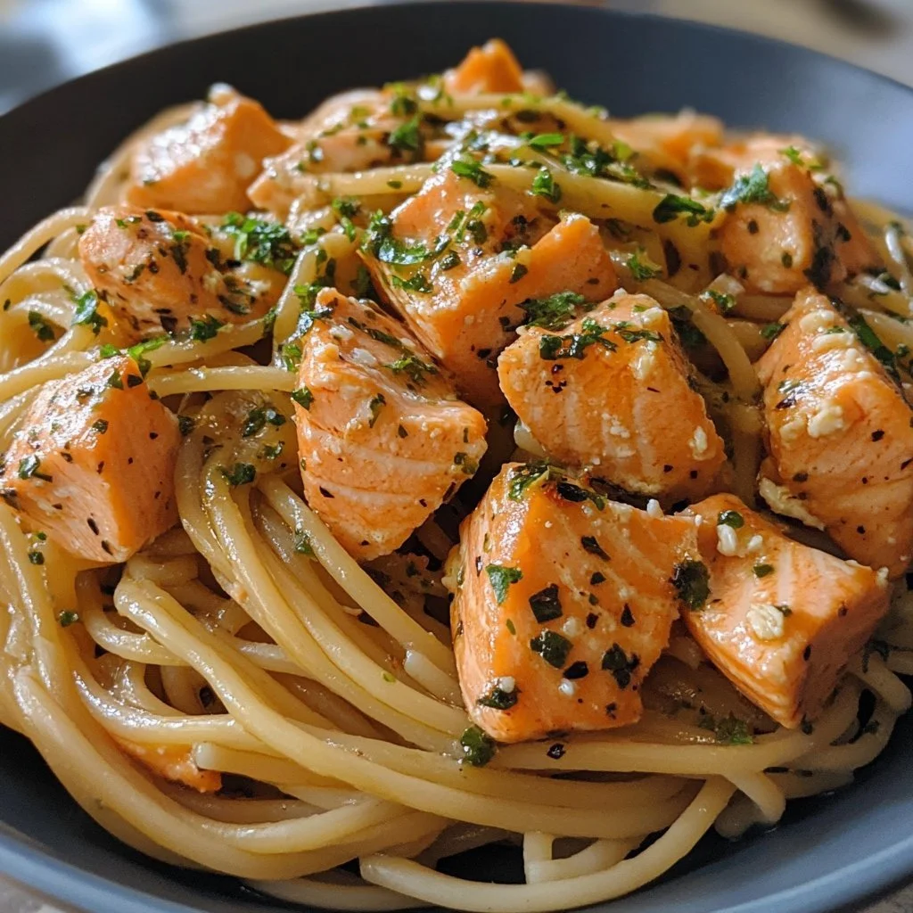 Plate of easy salmon pasta with herbs and lemon