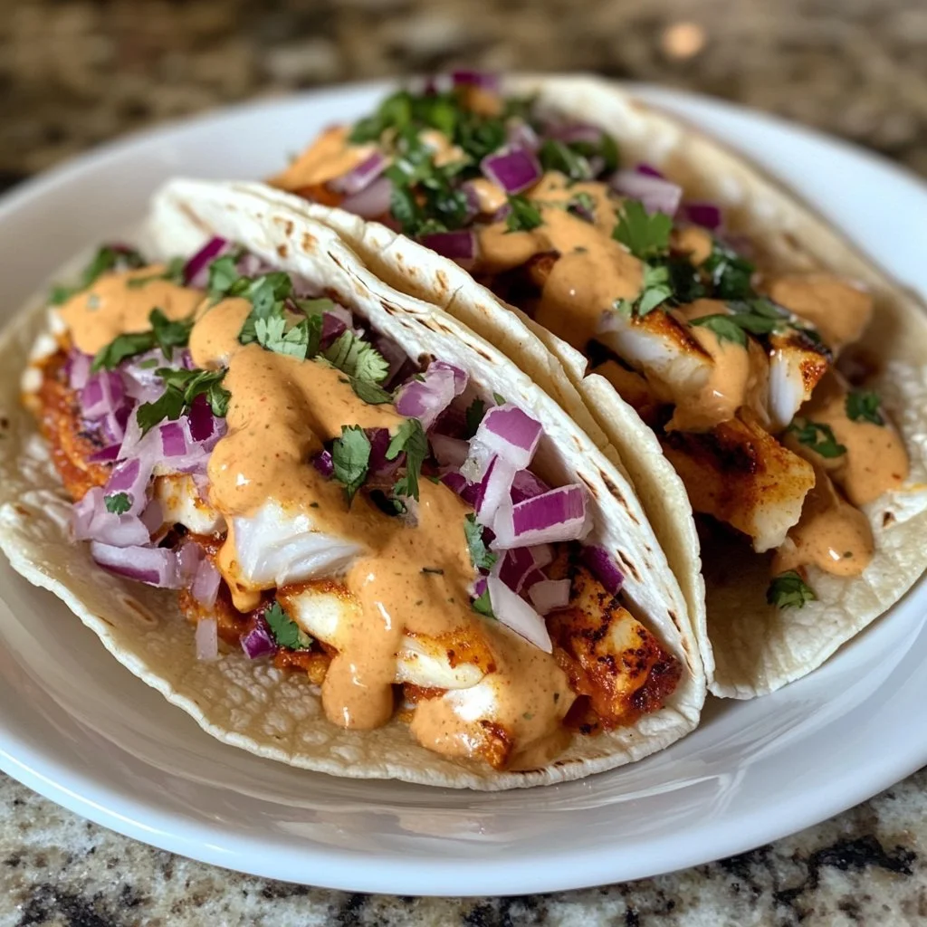Delicious Fish Taco with homemade sauce served on a plate