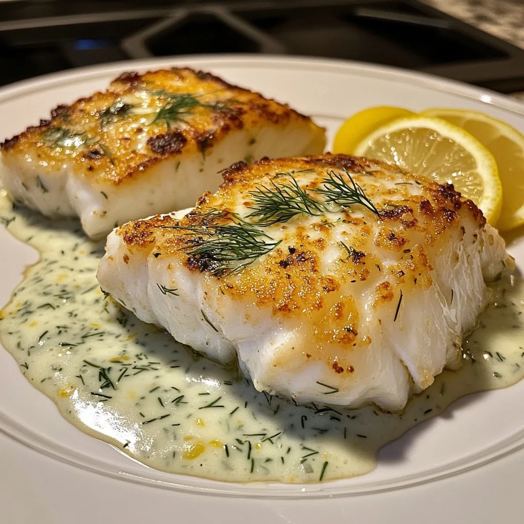 Flaky golden baked cod with lemon-dill sauce on a white plate