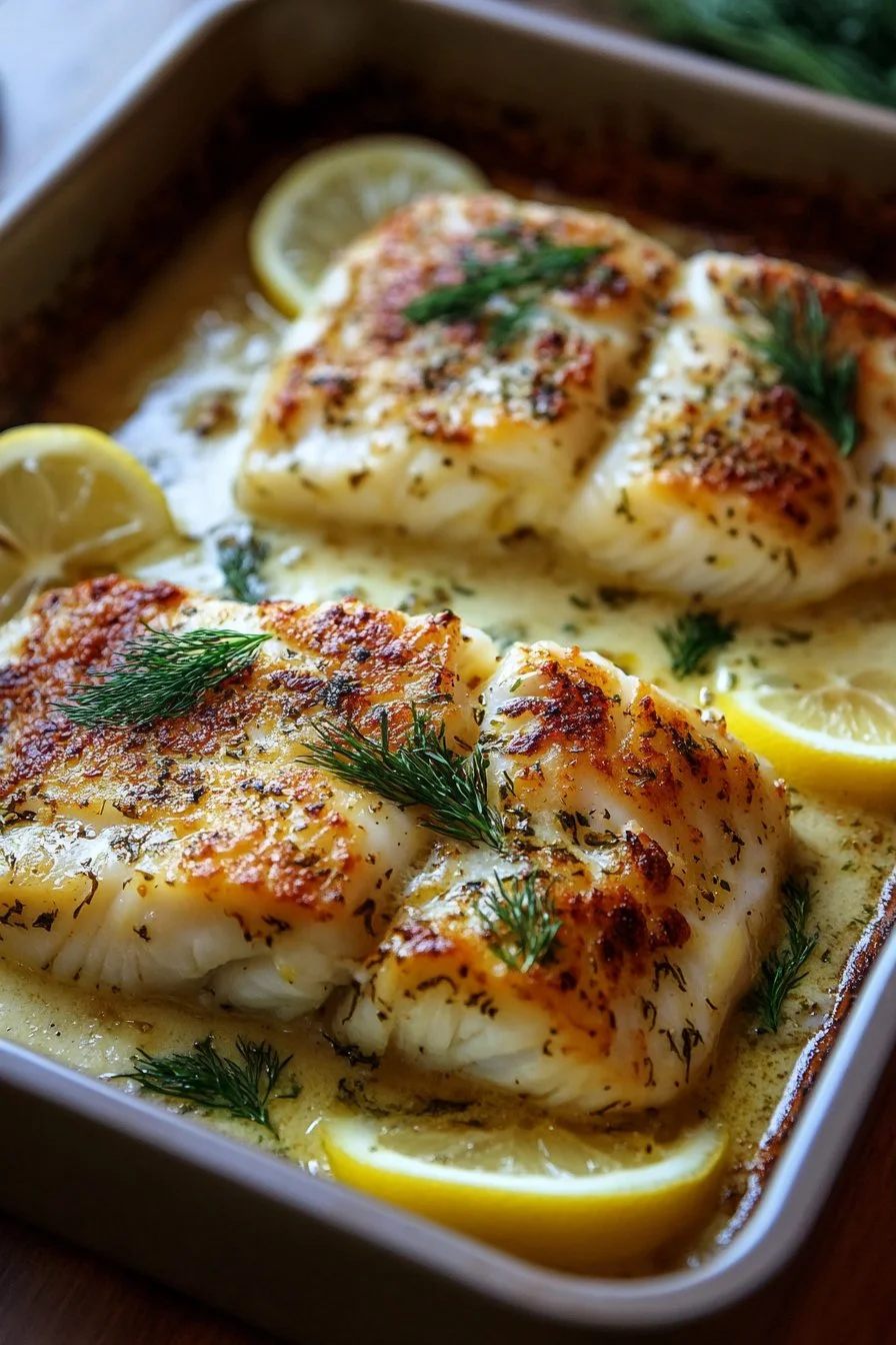 Flaky Golden Baked Cod with Lemon-Dill Sauce