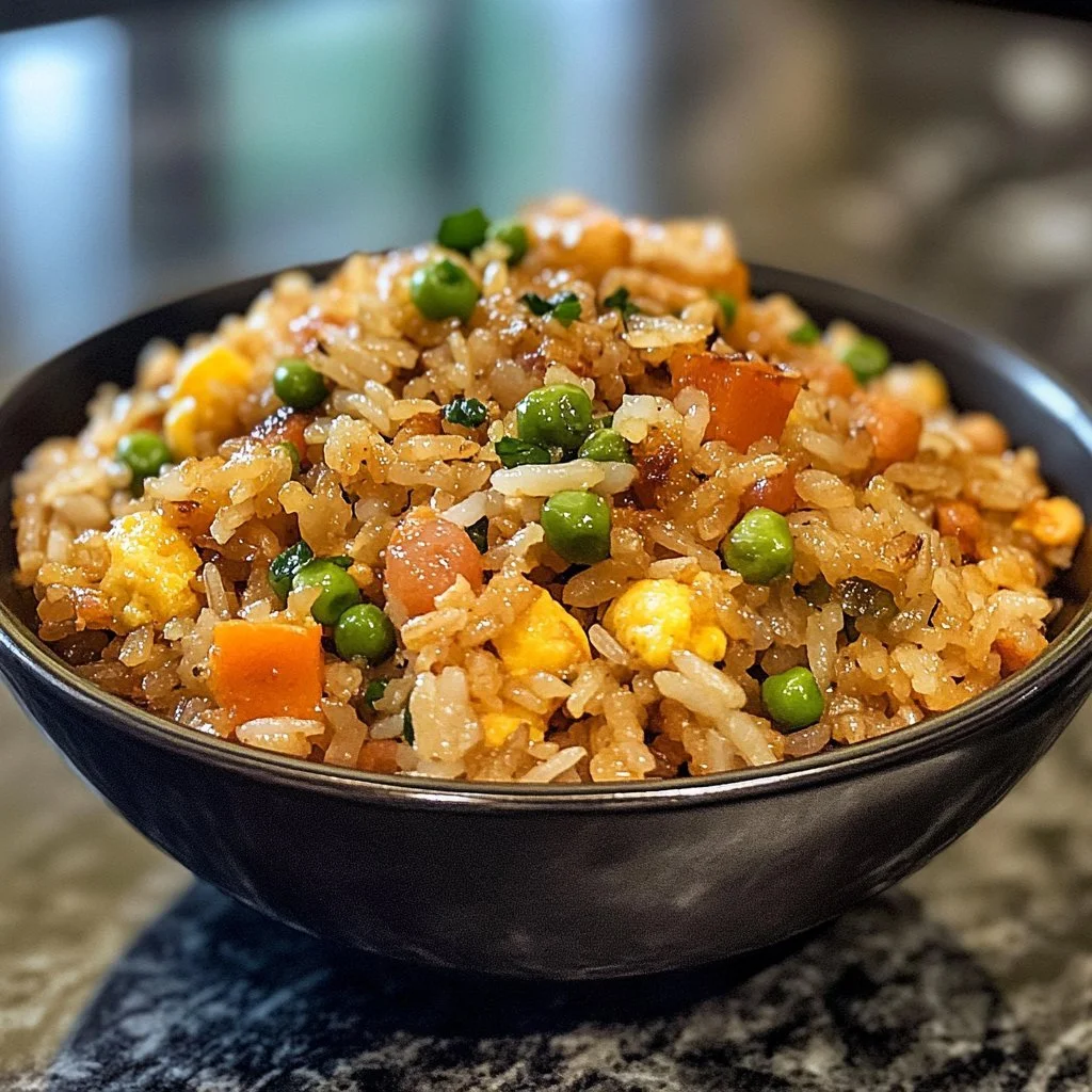 Bowl of Freakin' Fantastic Fried Rice garnished with vegetables and herbs.