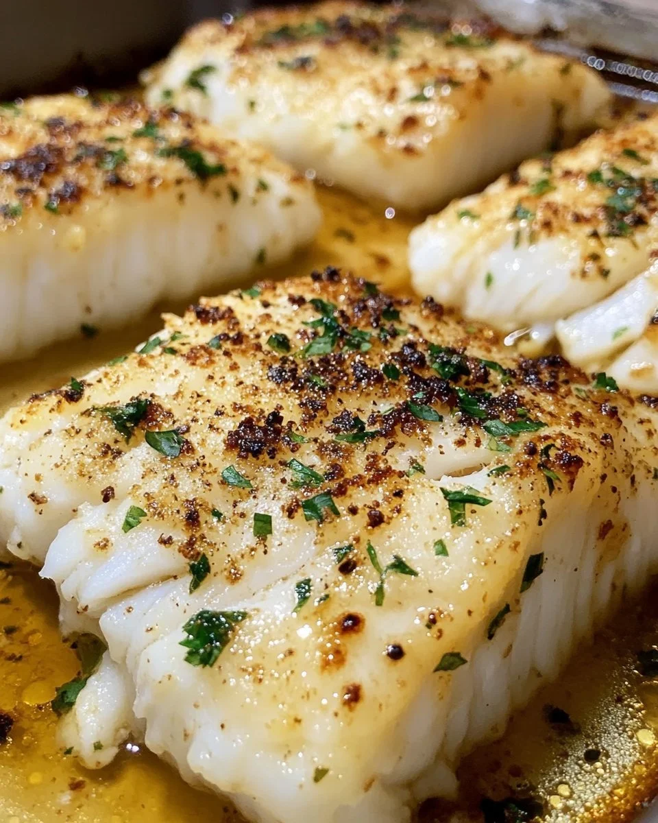 Garlic butter baked cod fillets served with fresh herbs and lemon.