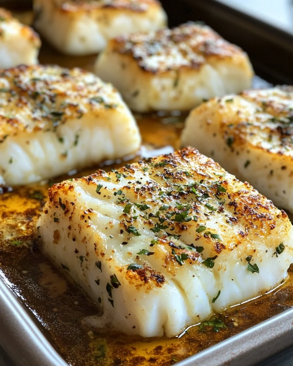 Garlic butter baked cod fillet on a plate with herbs