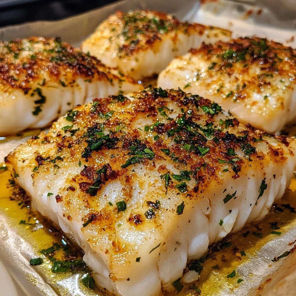 Garlic butter baked cod served with lemon and herbs