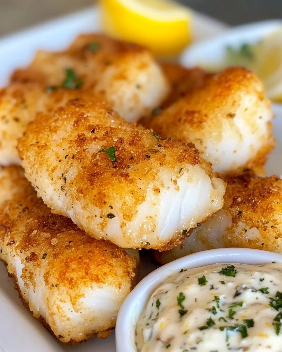 Crispy Garlic Butter Cod Bites served with creamy lemon herb dip