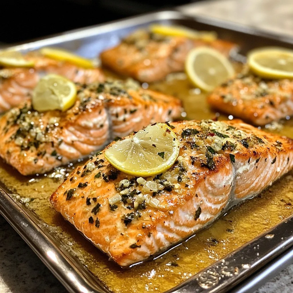 Delicious Garlic Butter Lemon Salmon plated with lemon wedges and herbs