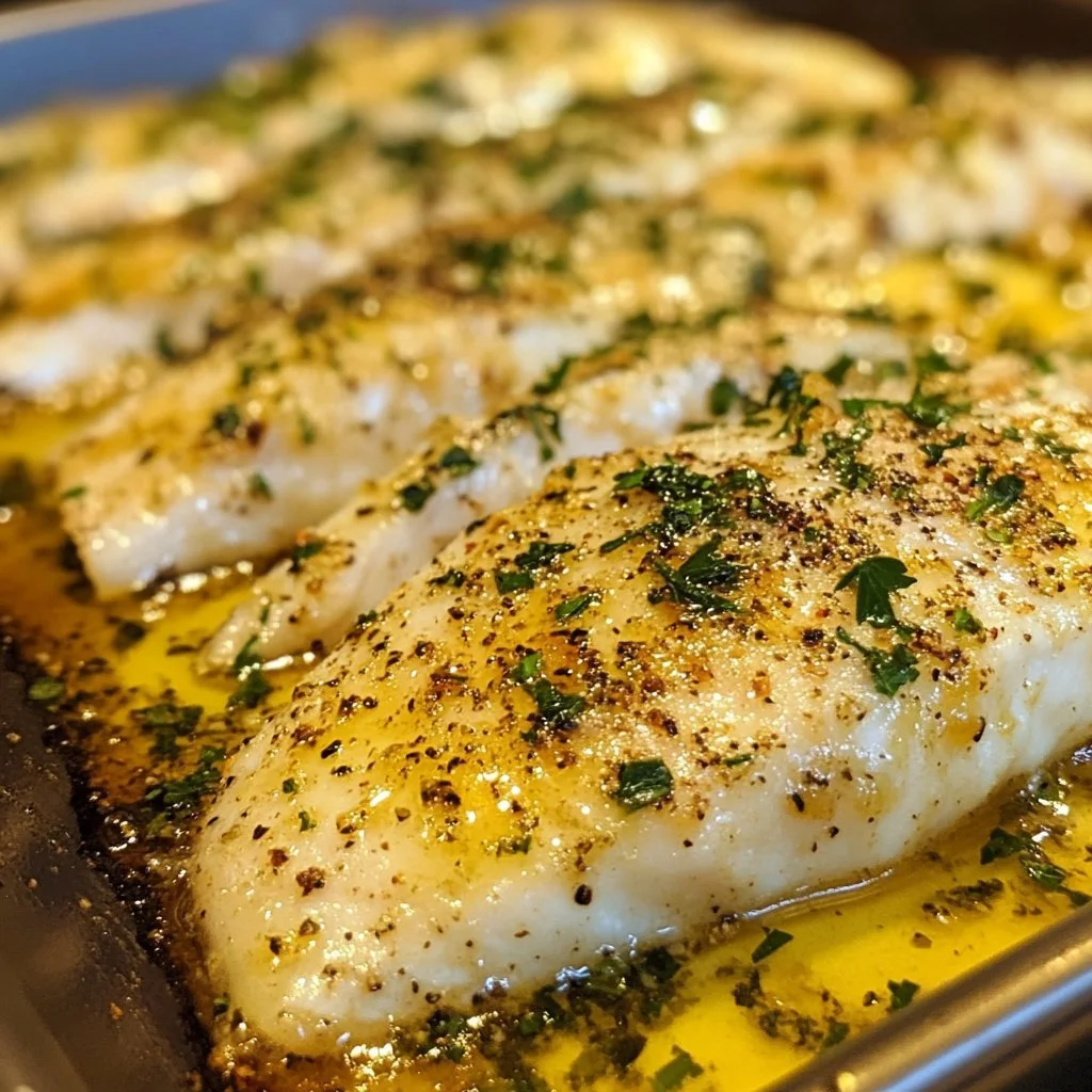 Garlic butter oven baked tilapia served on a plate with herbs.