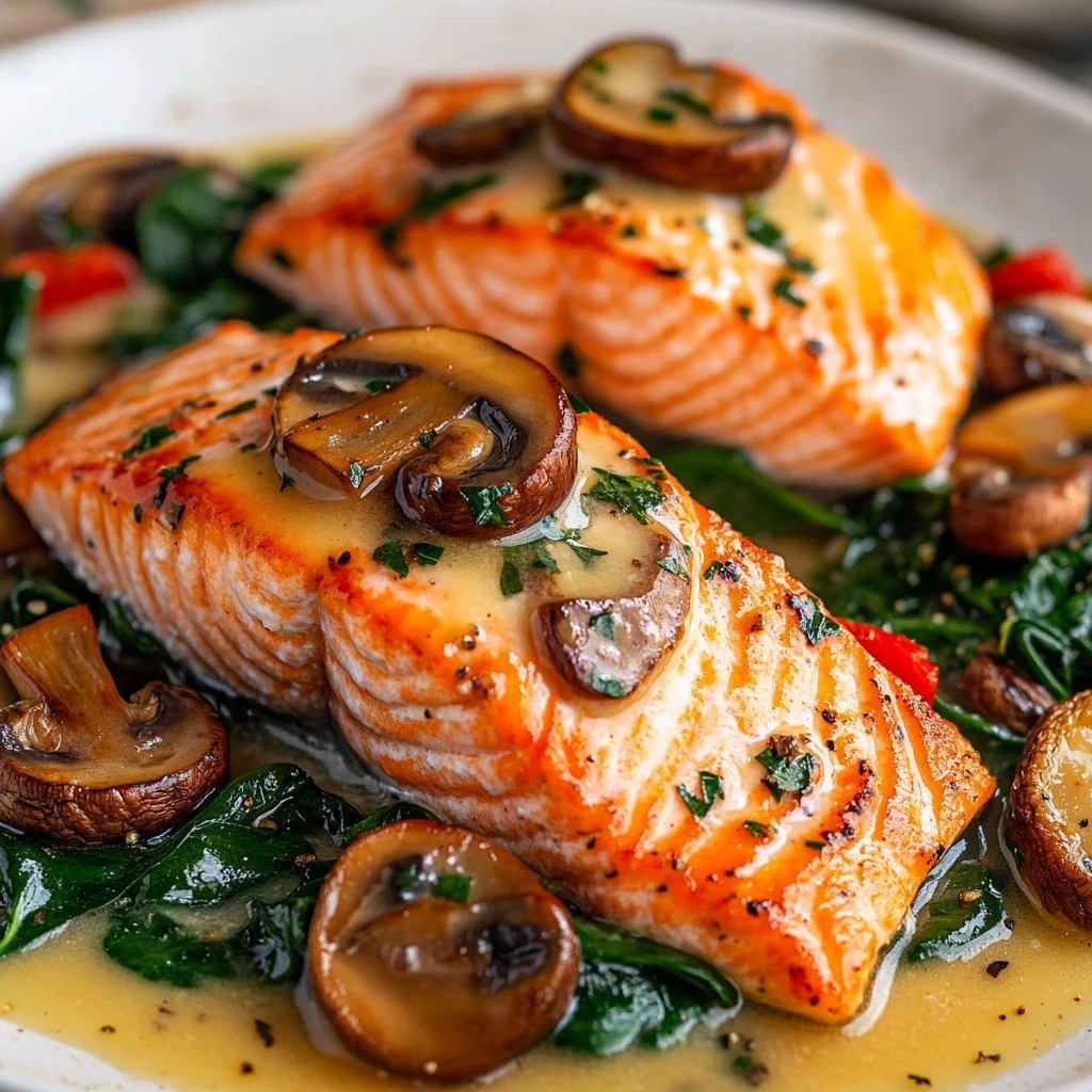 Plate of Garlic Butter Salmon served with sautéed spinach and mushrooms