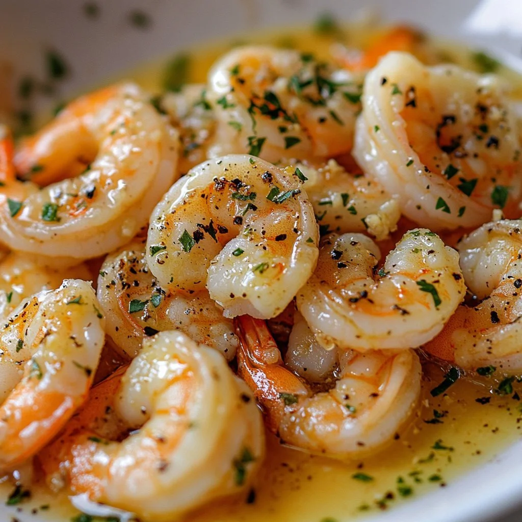 Delicious Garlic Butter Shrimp served with herbs and lemon.