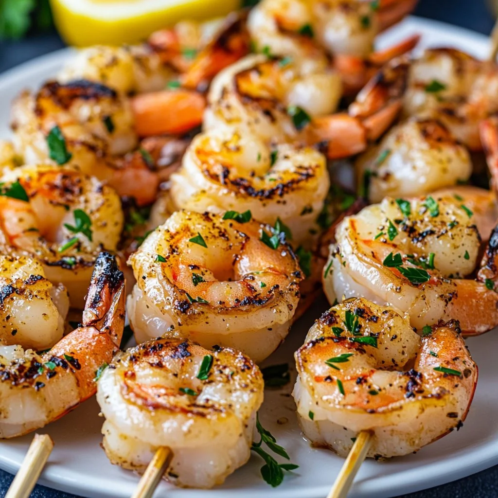 Garlic butter shrimp skewers on a grill, garnished with herbs.