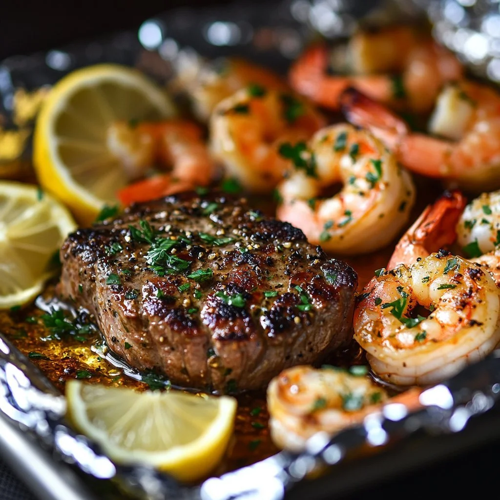 Garlic Herb Steak and Shrimp Foil Packets recipe preparation