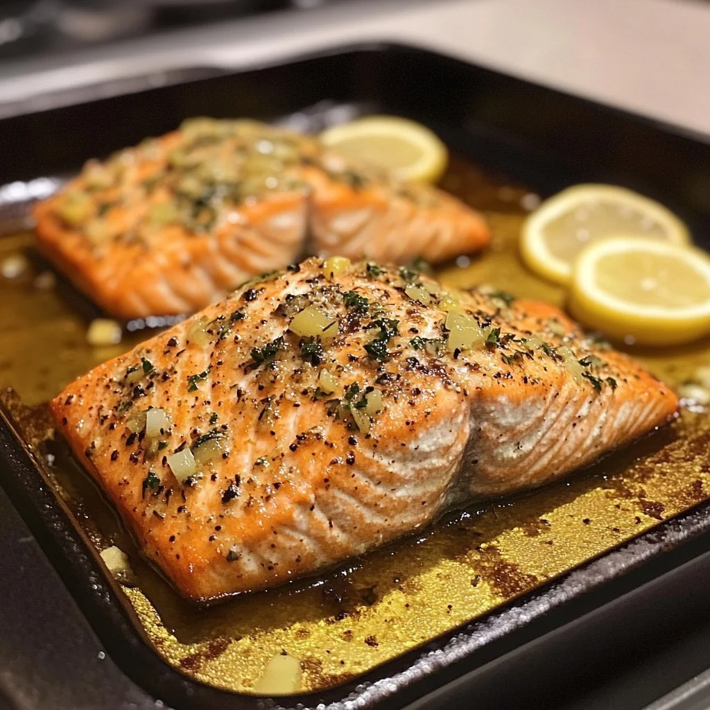 Garlic lemon roasted salmon served with fresh herbs and lemon slices.