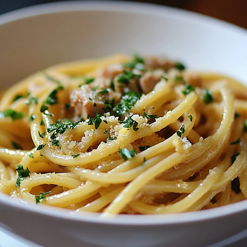 Delicious bowl of Garlic Lemon Tuna Pasta garnished with fresh herbs