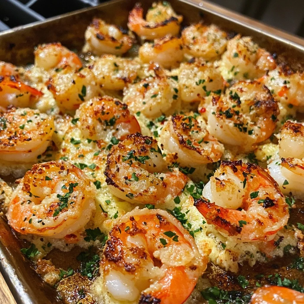 Plate of Garlic Parmesan Roasted Shrimp garnished with herbs.