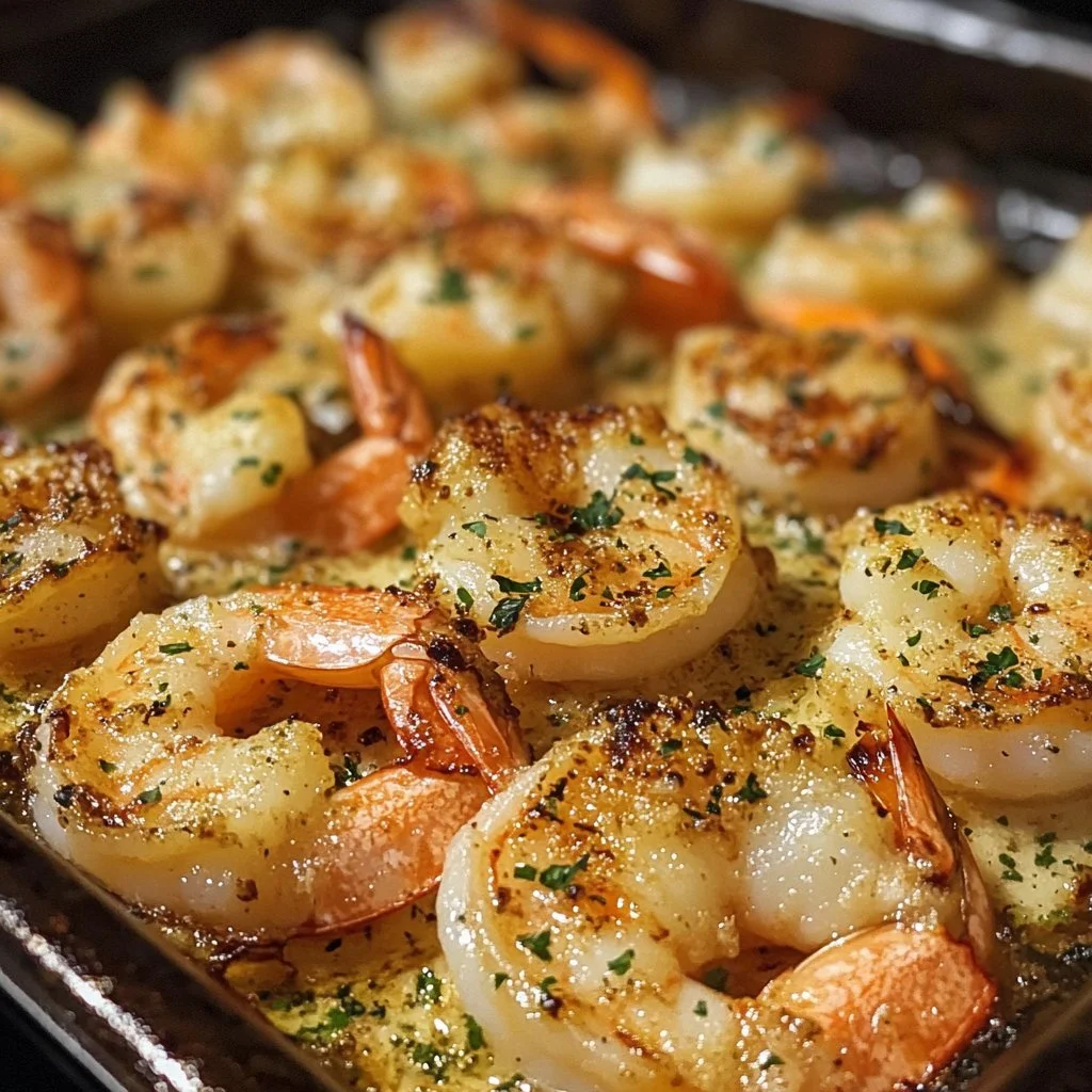 Plate of Garlic Parmesan Roasted Shrimp garnished with herbs