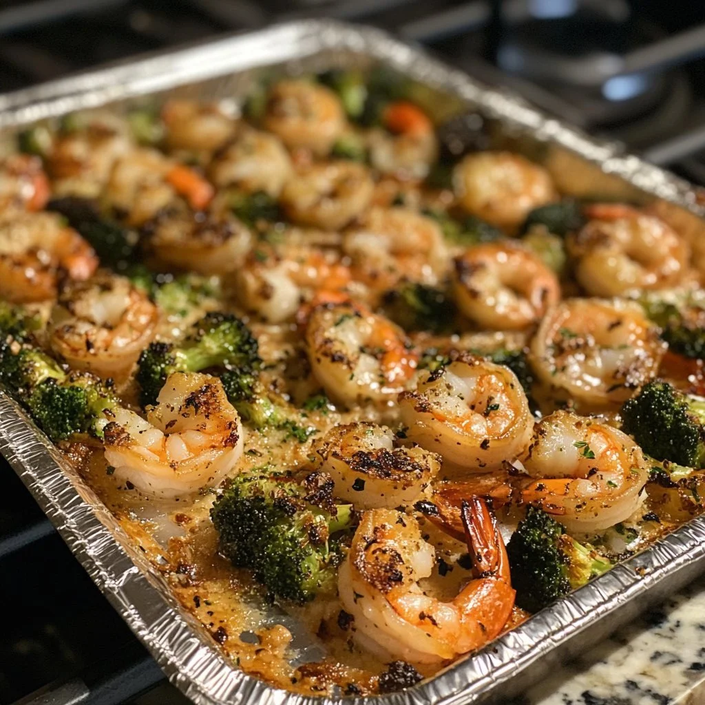 Plate of garlic parmesan roasted shrimp and broccoli