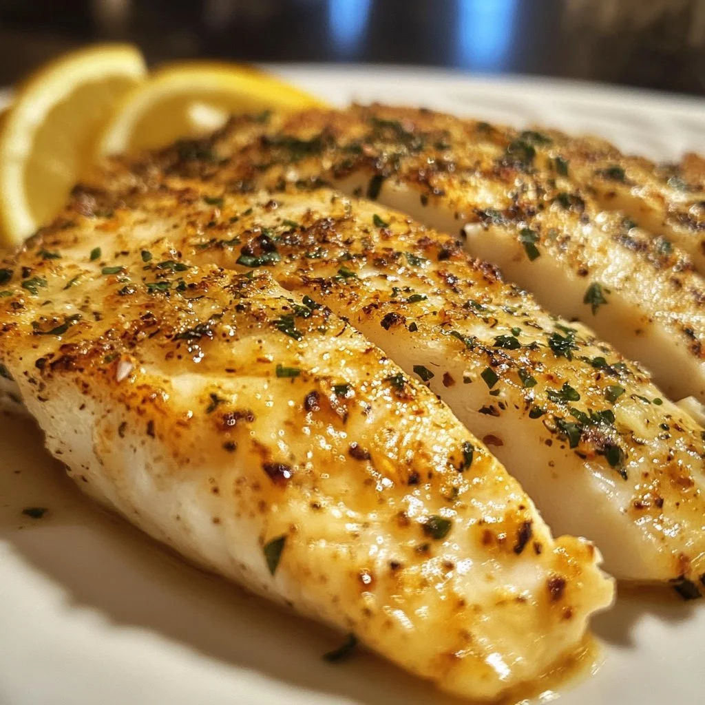 Garlic Tilapia dish garnished with herbs and served on a plate