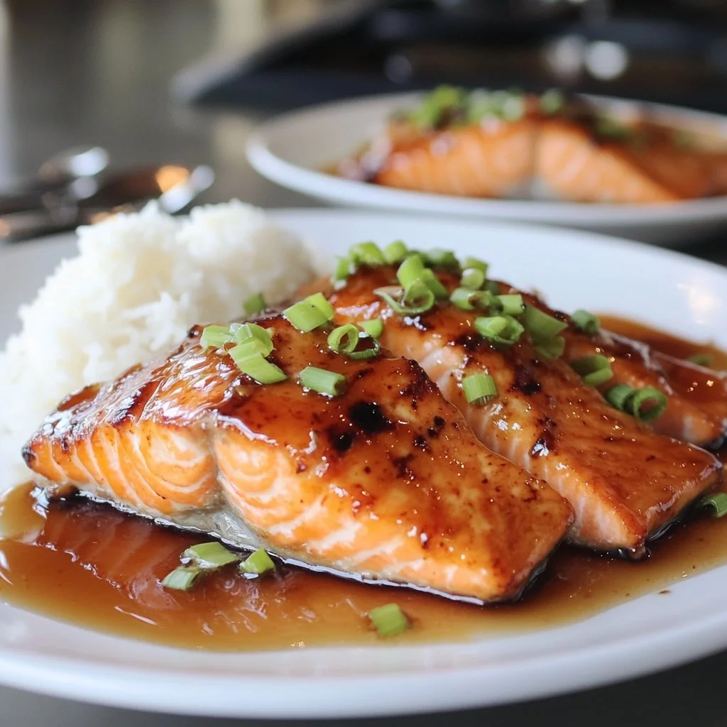 Delicious glazed salmon fillet garnished with herbs and served on a plate