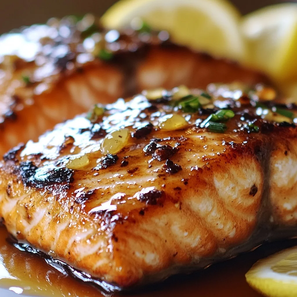 Delicious glazed salmon served on a plate with garnishes