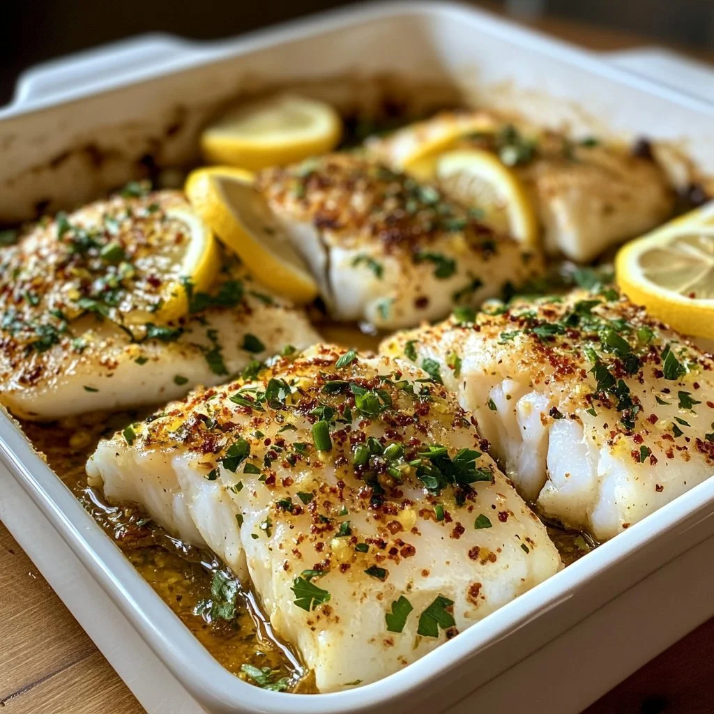 Gluten-Free Mediterranean Baked Cod with Lemon and Garlic on a plate