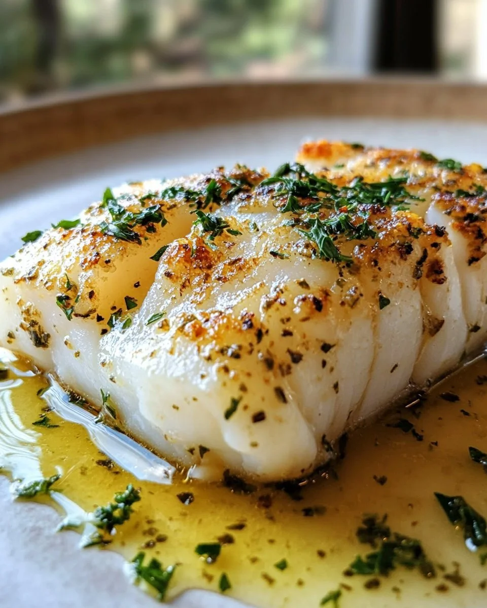 Golden seared cod fillet served with herb butter sauce