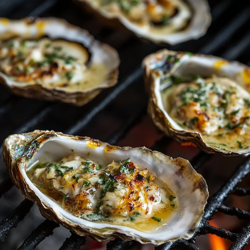 Delicious grilled garlic butter oysters topped with herbs and spices