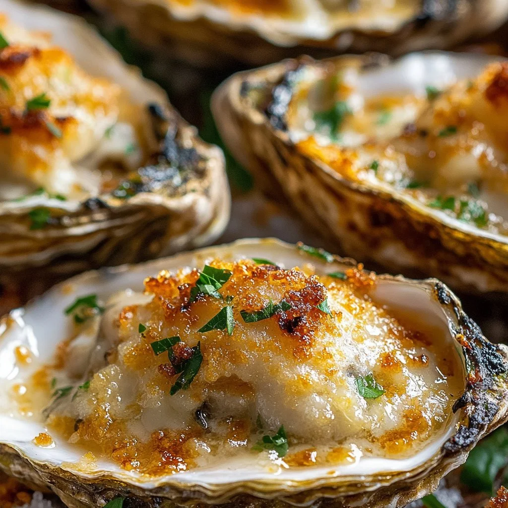 Grilled Parmesan garlic oysters sizzling on a grill with melted cheese and garlic