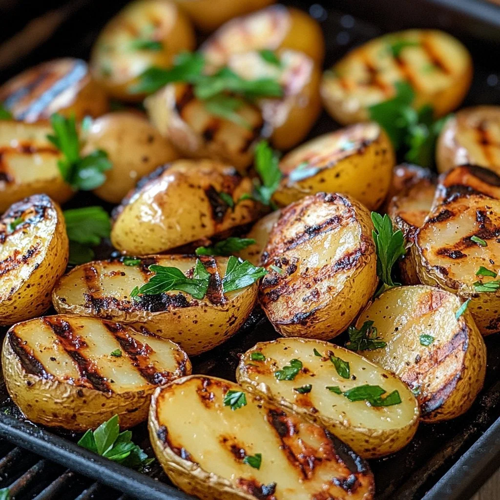 Delicious grilled potatoes served on a plate with herbs and spices.