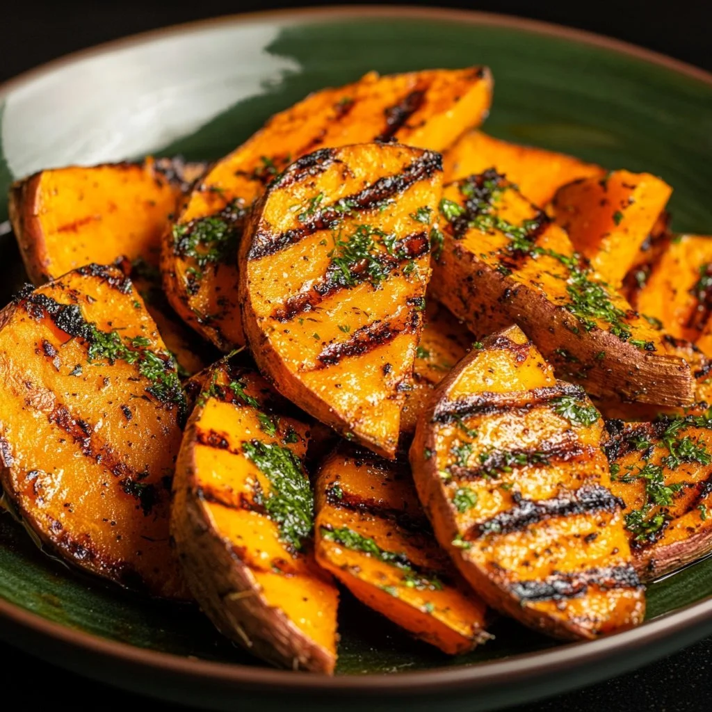 Delicious grilled sweet potatoes on the barbecue, a healthy side dish